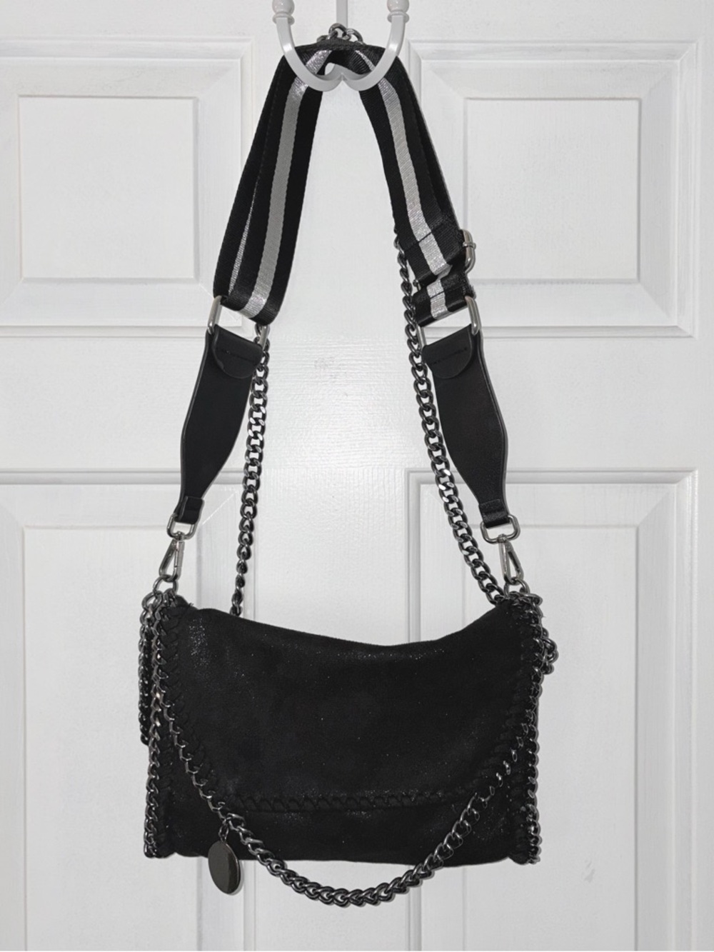 Metallic Black Gunmetal Chain Crossbody 2 Strap Purse